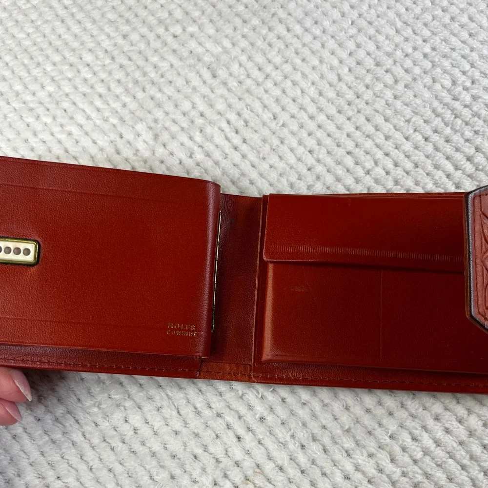 Vintage Rolfs Cowhide Leather Wallet‎ Tan Brown Embossed Floral Rose Bifold Snap